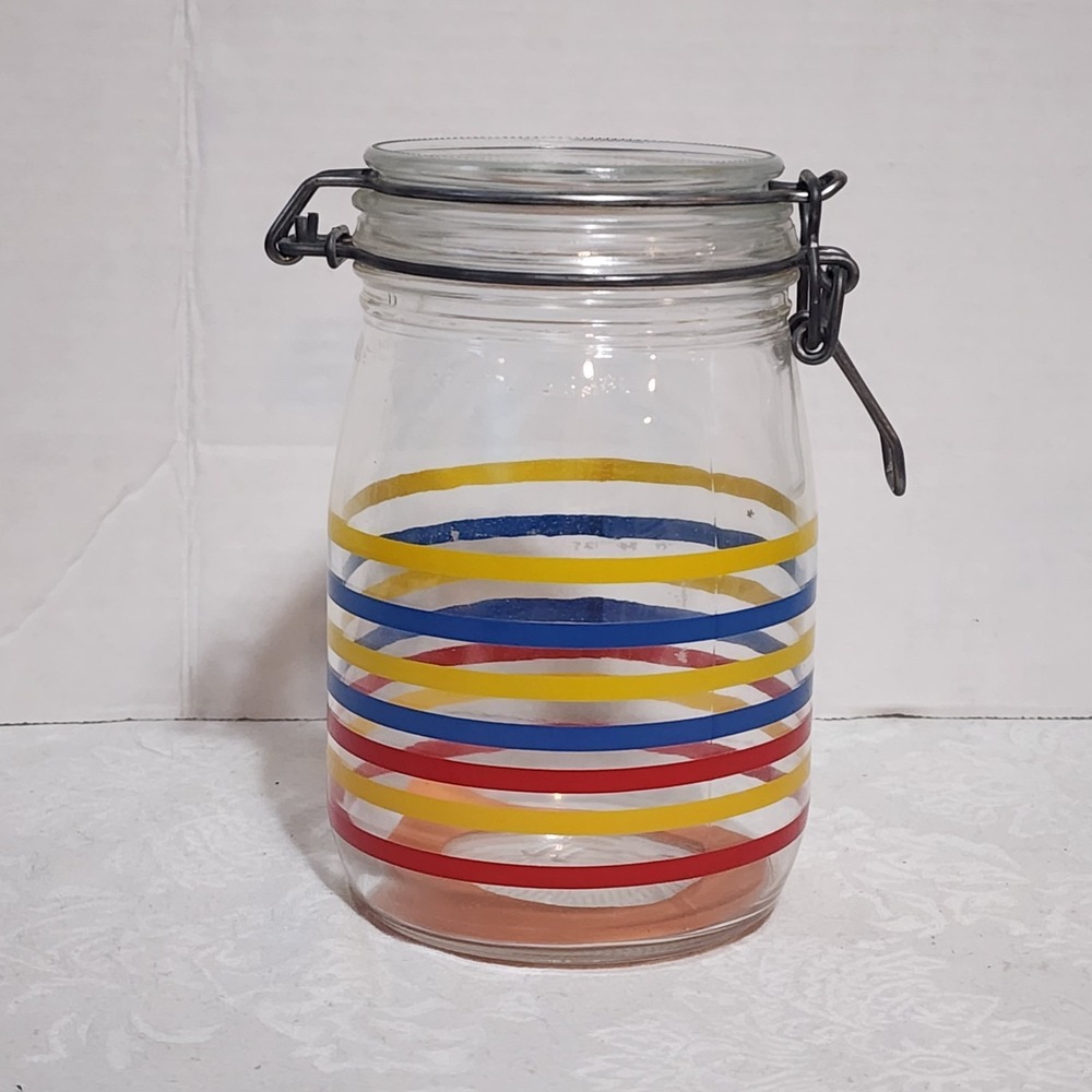 Vintage Arc France Jar Glass Canister  l 1 L ‎ Yellow Blue Red Stripes